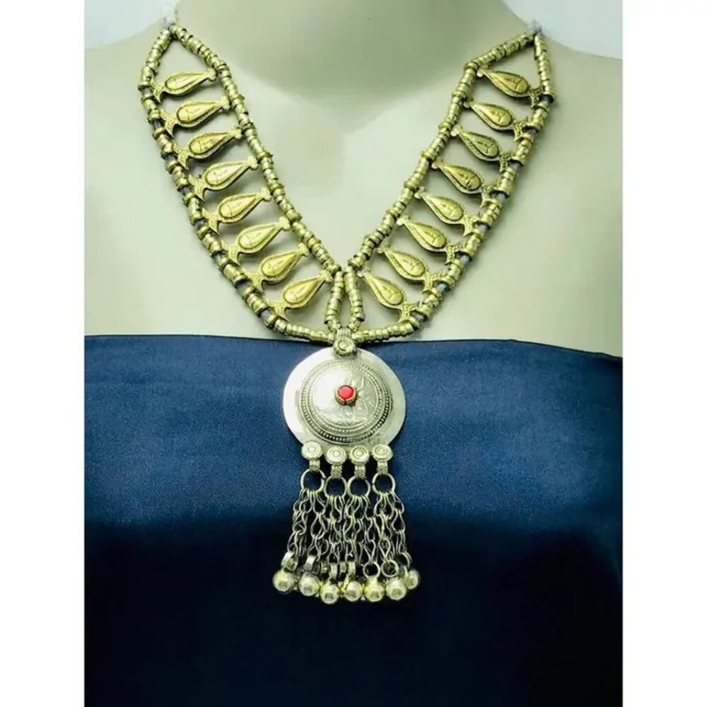 Afghan Tribal Necklace: Metal Beaded Chain Pendant with Bells